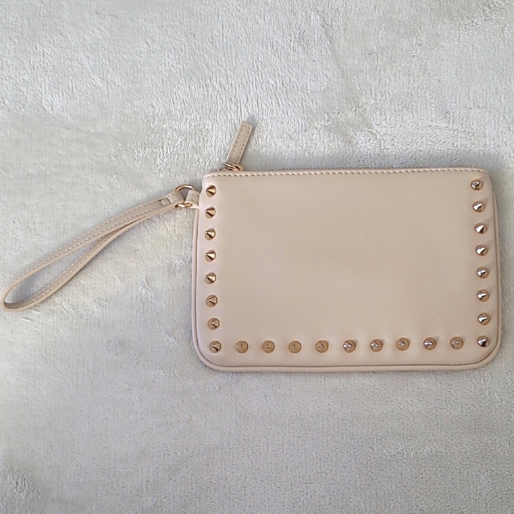 Express Nude Gold Studded Faux Leather Wristlet Clutch Zip Bag Evening Purse
